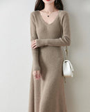 Merino Wool V-Neck A-Line Knit Dress