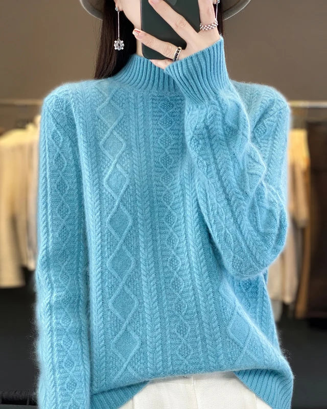 Diamond-Knit Wool Mock-Neck Sweater