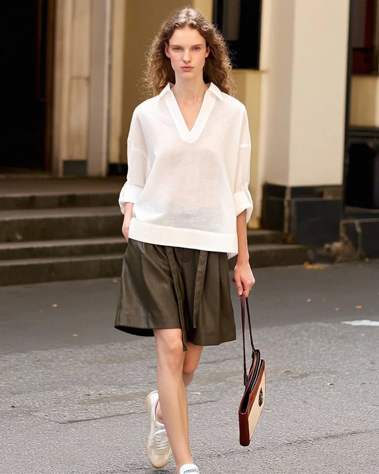 Retro Cotton Linen V-Neck Long-Sleeved Collared Shirt