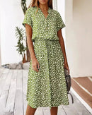 Polka Dot Short Sleeve Drawstring High-Waist Dress