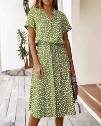Polka Dot Short Sleeve Drawstring High-Waist Dress