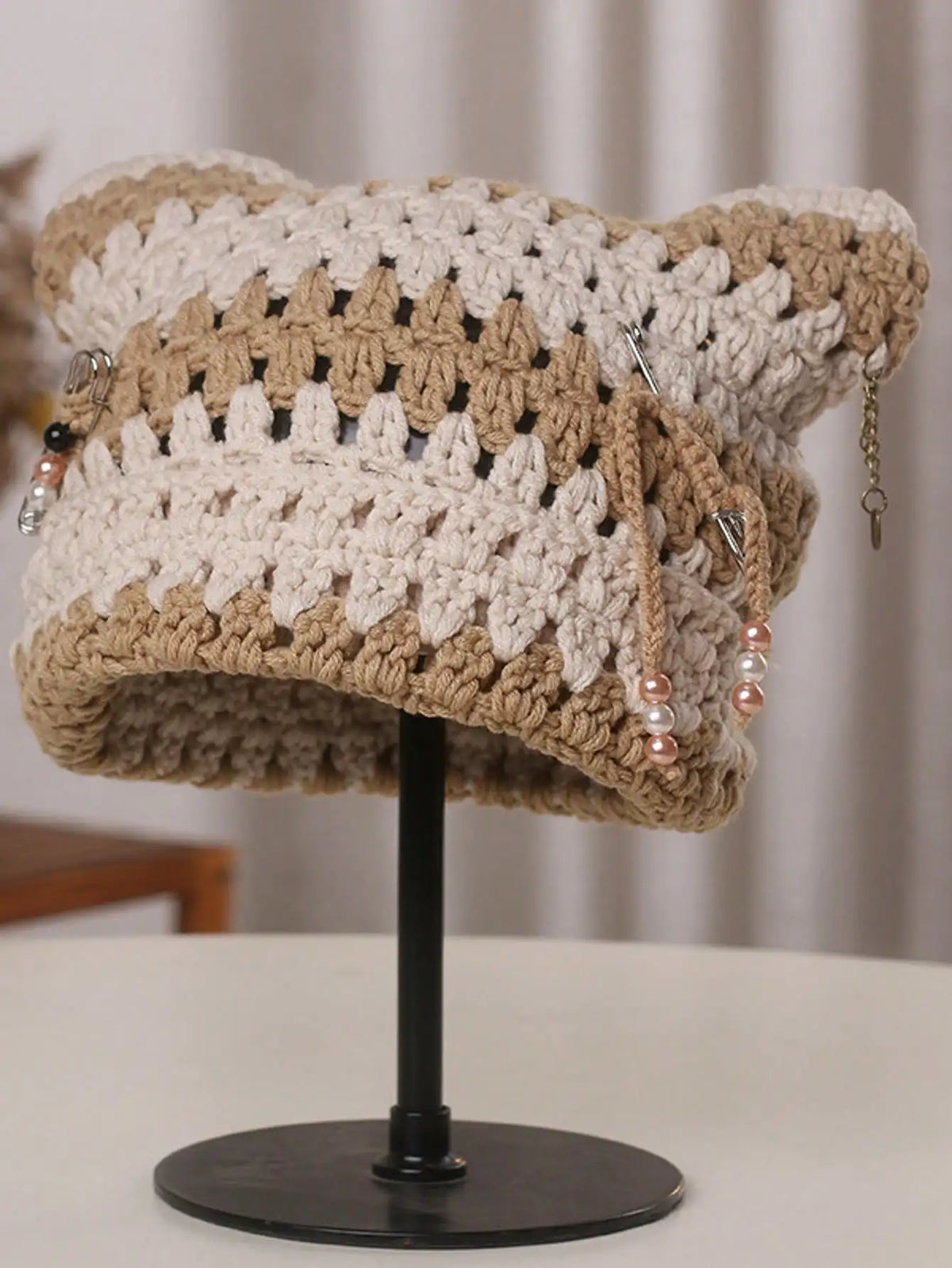 Striped Crochet Cat-Ear Beanie