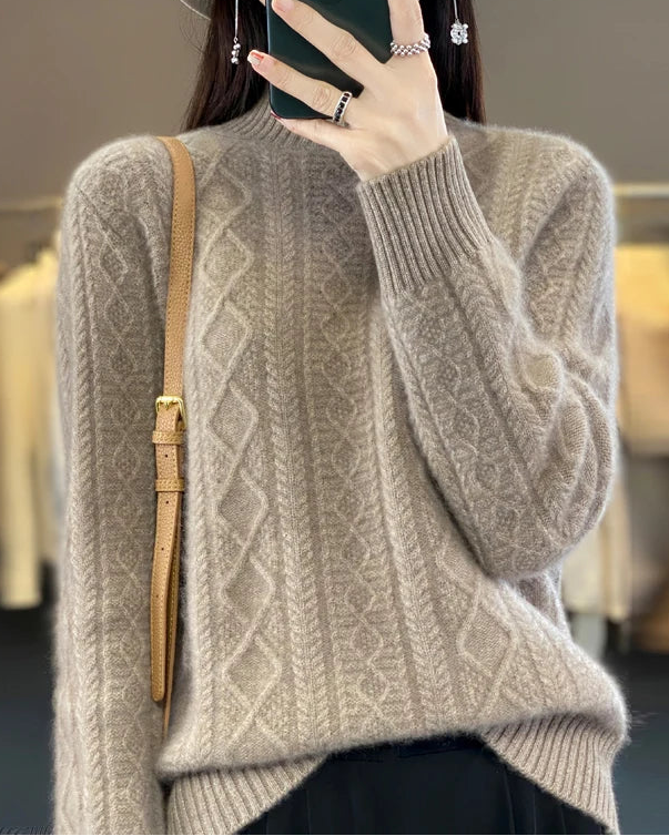Diamond-Knit Wool Mock-Neck Sweater