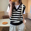 Vintage Striped V-Neck Pure Wool Knitted Waistcoat
