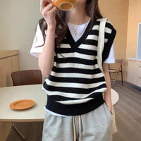 Vintage Striped V-Neck Pure Wool Knitted Waistcoat
