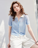 Sheer Slub Knit Polo Top