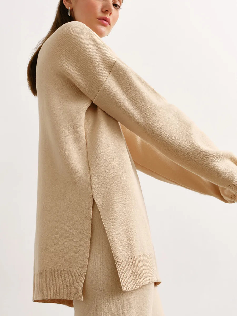 Half Turtleneck Sweater & Wide Leg Pants Knitted Set