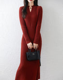 Wool solid half-open collar slim long knit dress. Soft, medium stretch, and X-silhouette — a casual elegant autumn winter sweater dress for women.