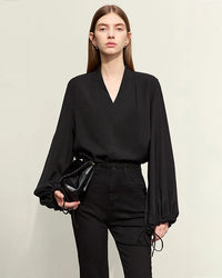 Chiffon Embroidered V-Neck Lantern Sleeve Blouse