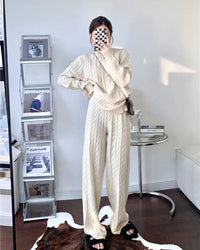 Cable Knit Pullover & High Waist Wide Leg Trousers Two-Piece Set
