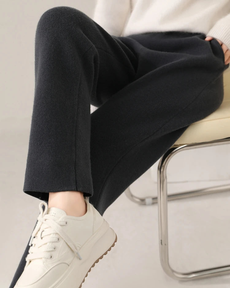 Merino Wool Solid High Waist Knit Pencil Trousers