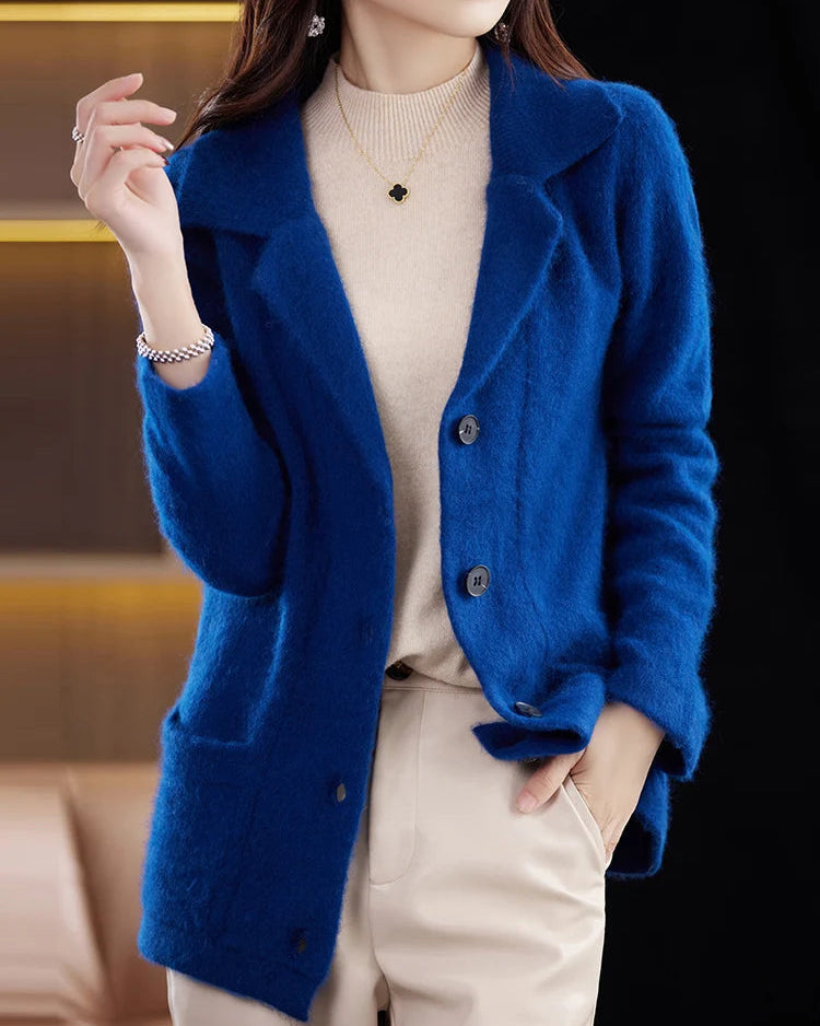 Mink Cashmere Tailored-Collar Knit Cardigan
