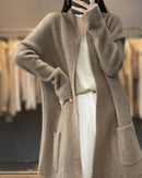 Wool Solid V-Neck Pocket Loose Long Knit Cardigan