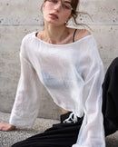 Ramie Crew Neck Long Sleeve Drawstring T-Shirt