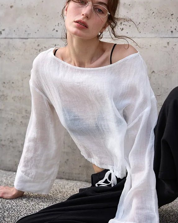 Ramie Crew Neck Long Sleeve Drawstring T-Shirt