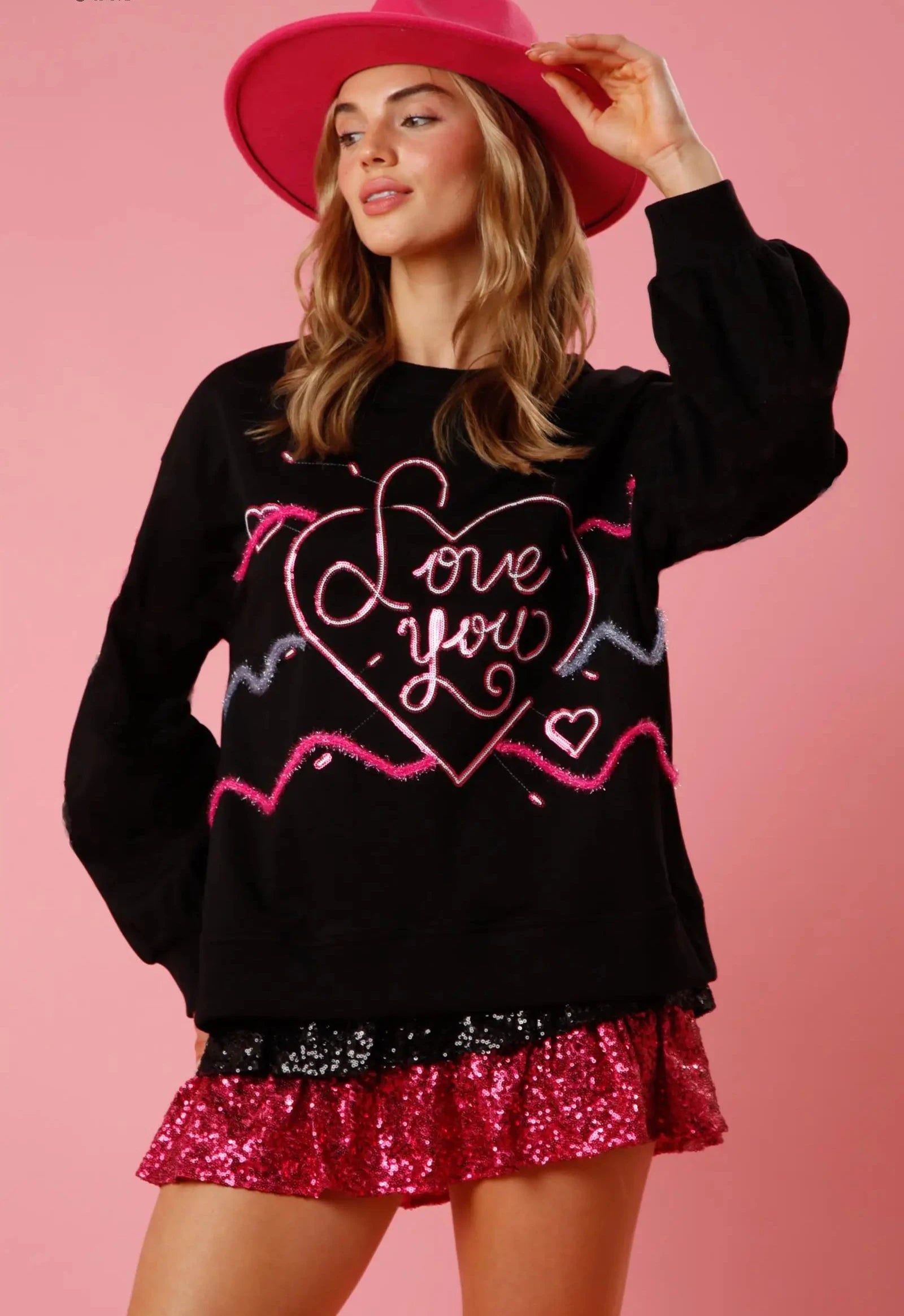 Valentine's Day Love Sequin Round Neck Knitted Sweatshirt