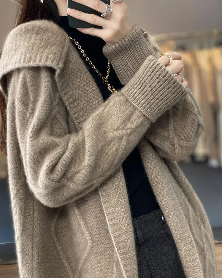 Long Wool Twisted Knit Cardigan Sweater