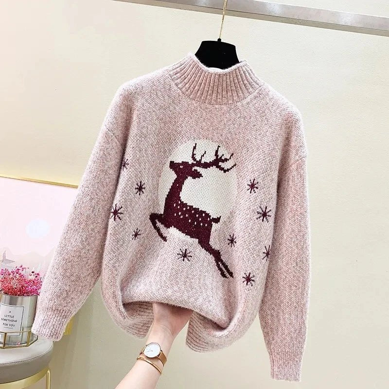 Elk printed Mink Velvet Mock Neck Sweater