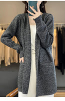 100% Merino Wool Hooded Loose Mid-Long Open Cardigan Coat