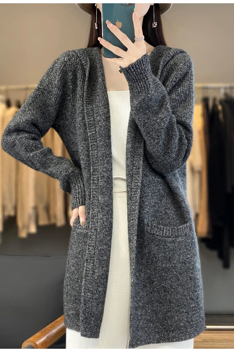 100% Merino Wool Hooded Loose Mid-Long Open Cardigan Coat