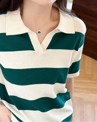 Striped Knit Polo Collar Tee
