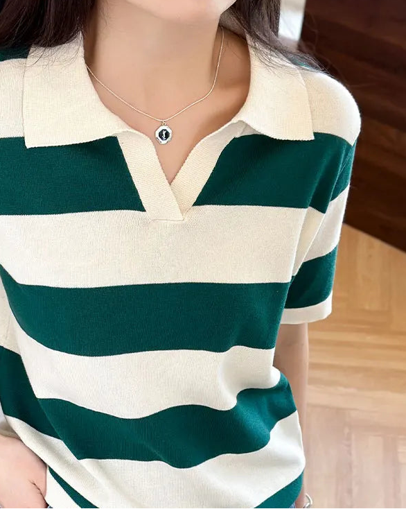 Striped Knit Polo Collar Tee