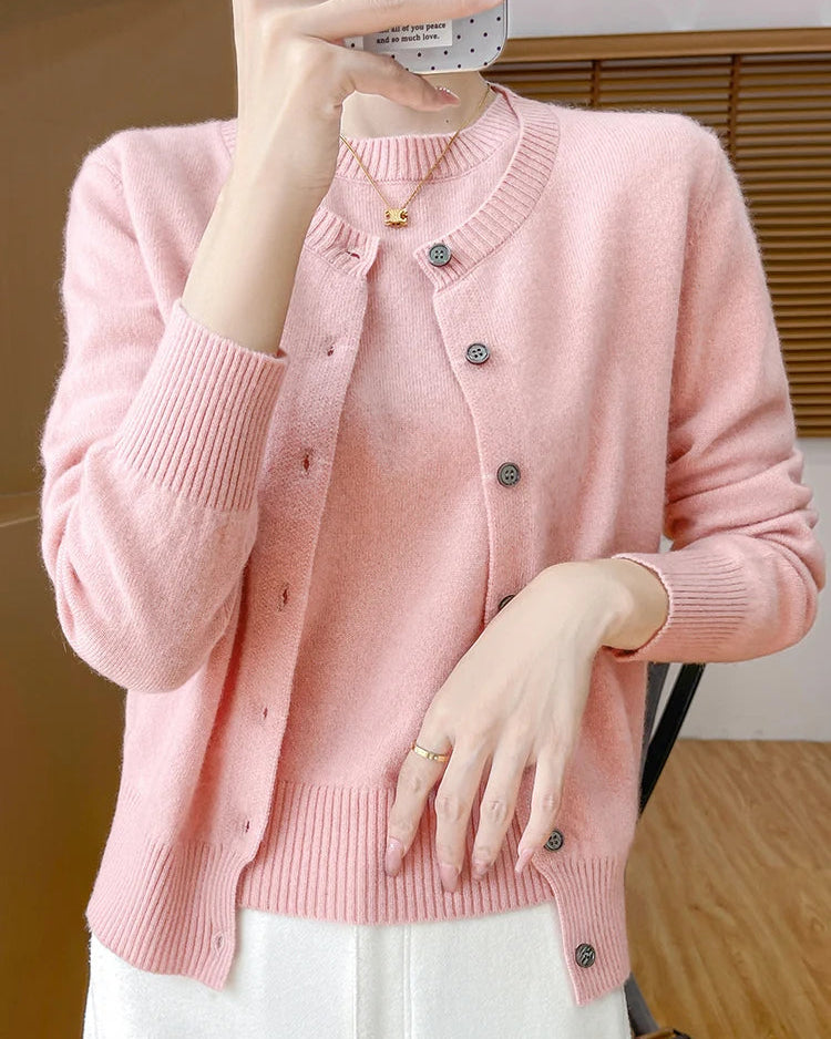 Wool Cardigan Crew Neck T-Shirt Two-Piece Sweater Set