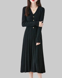 Merino Wool V-Neck Knit Midi Dress