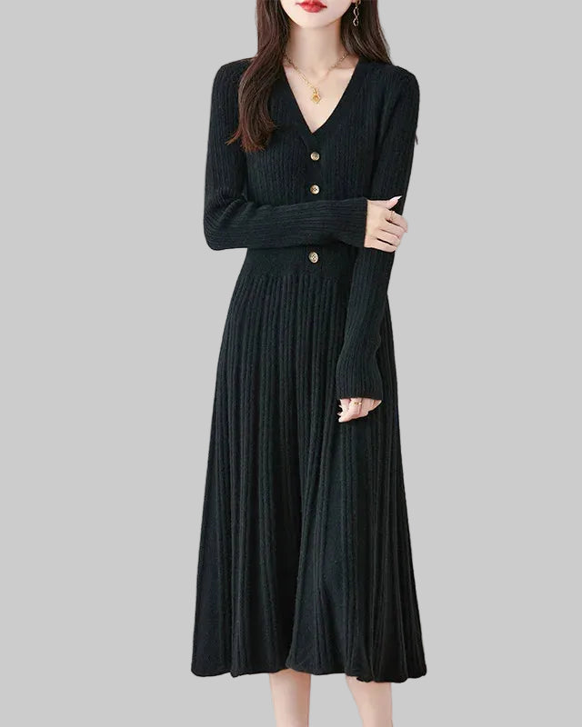 Merino Wool V-Neck Knit Midi Dress