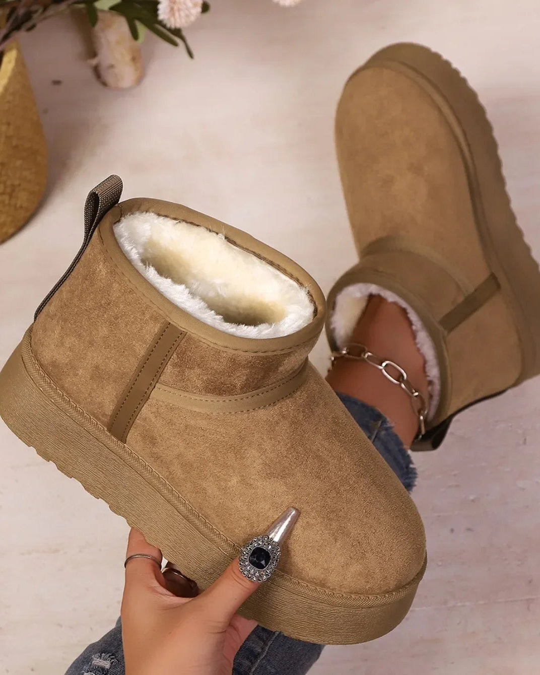 Flannel Slip-On Snow Ankle Boots