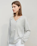 Long-Sleeved V-Neck Loose-Fitting Pullover T-Shirt