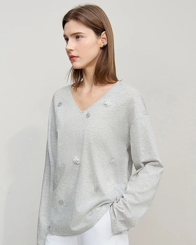 Long-Sleeved V-Neck Loose-Fitting Pullover T-Shirt