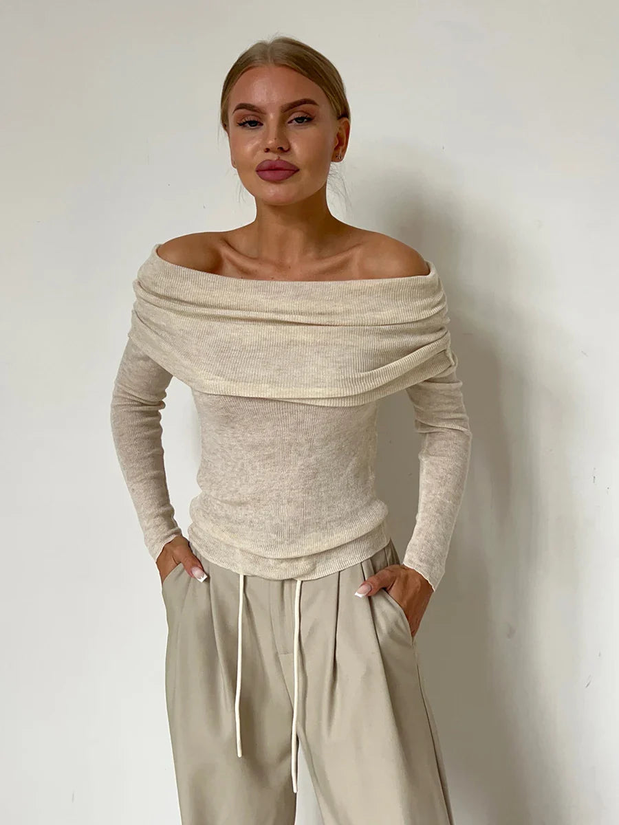 Off Shoulder Slim Fit Knitted Pullover