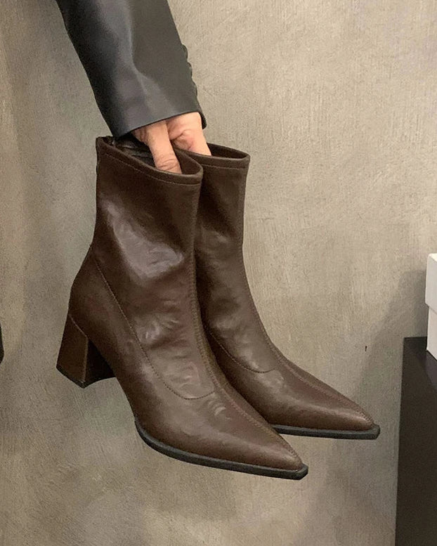 Retro-Style Pointed-Toe High-Heeled Ankle Boots