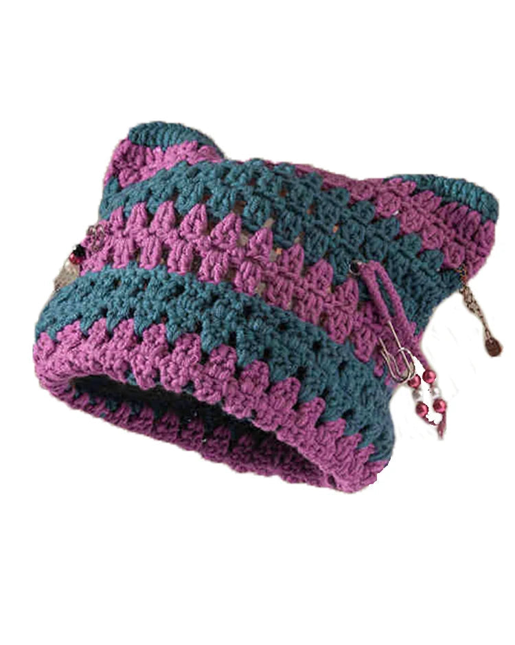 Striped Crochet Cat-Ear Beanie