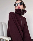 100% cashmere zip lapel loose thick knit sweater. Extra-heavy, slight stretch, and luxuriously warm — a premium French-inspired autumn winter jumper for women.