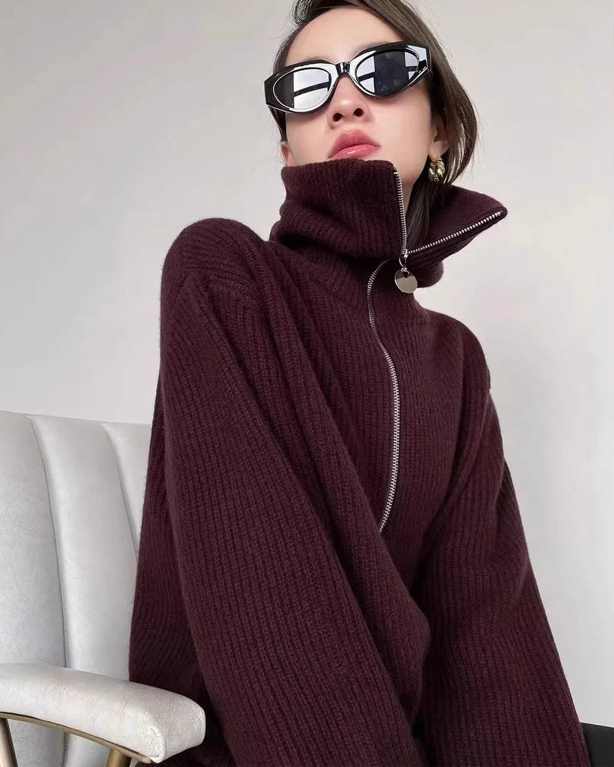 100% cashmere zip lapel loose thick knit sweater. Extra-heavy, slight stretch, and luxuriously warm — a premium French-inspired autumn winter jumper for women.