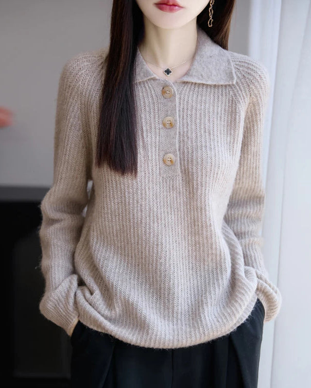 100% merino wool hollow polo collar loose thick knit pullover. Warm, slight stretch, and relaxed fit — an elegant casual autumn winter knitwear top for women.
