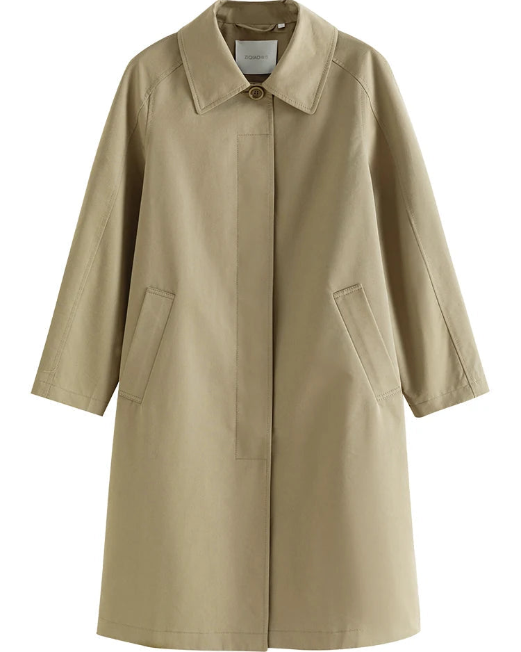 Solid Lapel A-Line Mid-Length Trench Coat