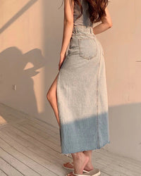 Side-Slit Denim Pencil Skirt