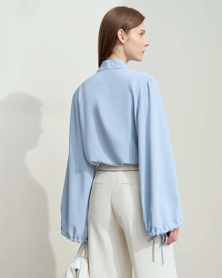 Chiffon Embroidered V-Neck Lantern Sleeve Blouse