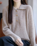 Merino Wool Hollow Polo Collar Loose Thick Knit Pullover