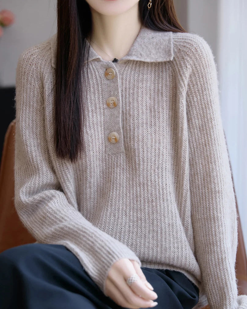 Merino Wool Hollow Polo Collar Loose Thick Knit Pullover