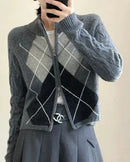 Argyle Merino Wool Zip Cardigan