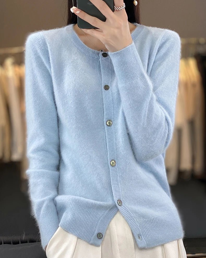 Mink Cashmere Crew Neck Cardigan Sweater