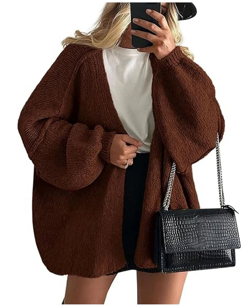 Solid V-Neck Loose Long Knit Cardigan Coat