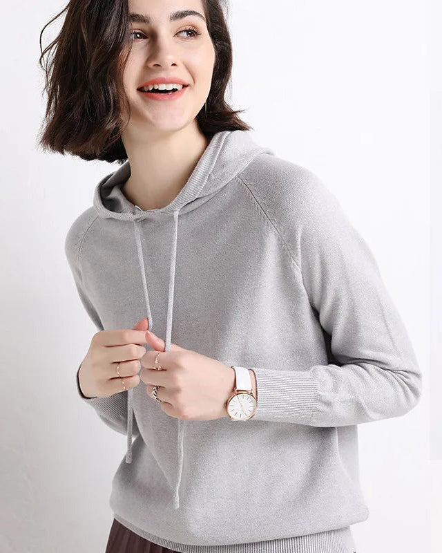 Hooded Loose-Fit Solid Knit Pullover Sweater