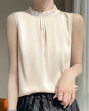 Loose And Casual Satin Vest T-Shirt With Ruffled Collar