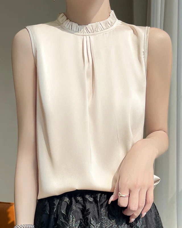 Loose And Casual Satin Vest T-Shirt With Ruffled Collar