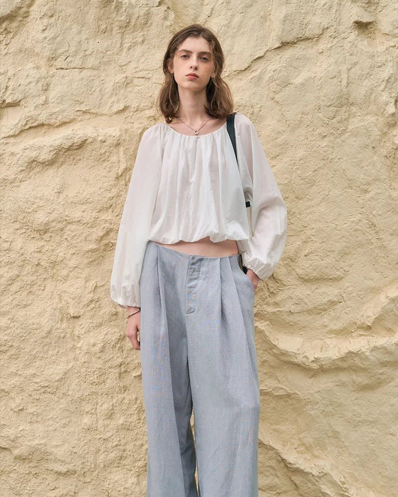 Simple Round-Neck Blouse With Puff Sleeves